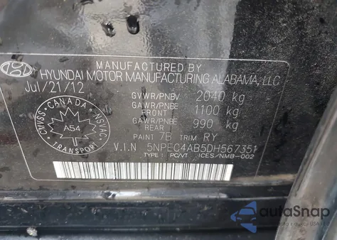 2013 Hyundai Sonata 2.0T Limited из США, поврежденный, VIN 5NPEC4AB5DH567351